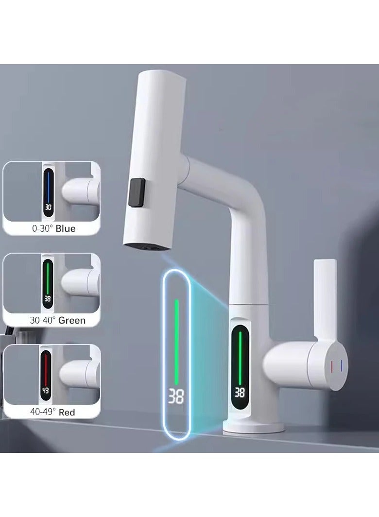 AROAQ Waterfall Pull Out Kitchen Faucet White Intelligent Digital Display Cold Hot Mixer Taps Rotatable Sink Lifting Basin Faucet - Image 1