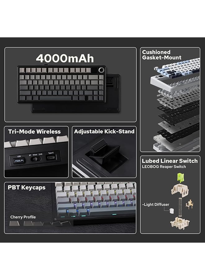 ابوماكر لوحة مفاتيح ألعاب لاسلكية X Aula F75 Max Tri Mode بمقبض شاشة TFT قابل للتبديل السريع 2.4 جيجاهرتز/النوع C/Bt5.0، لون كريمي لأجهزة الكمبيوتر الشخصية/ماك/المكتب/الألعاب (أسود متدرج) - Image 2