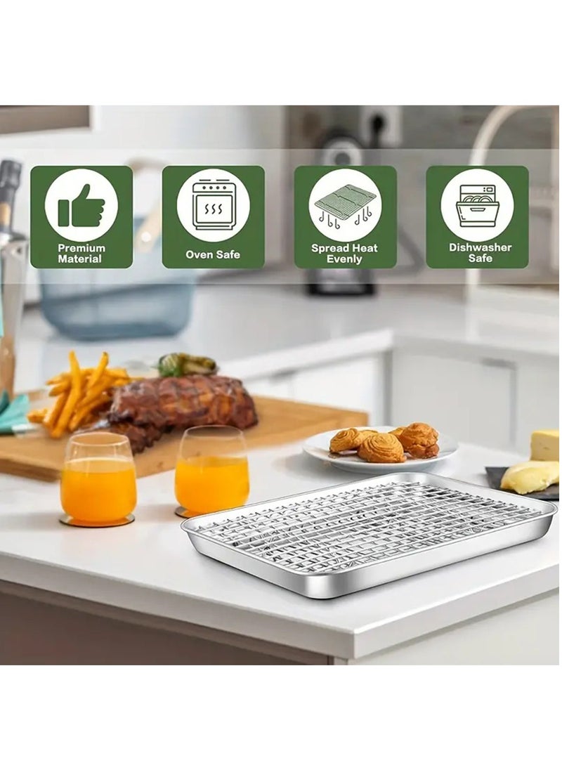 Hihonor Stainless Steel Baking Sheet And Drain Tray, Barbecue Grilling Tray With Cooling Rack, Oil Drain And Vegetable Preparation Tray, Small Baking Tray With Rack Set, Rust Proof, 31*24*2.5cm  - Image 2