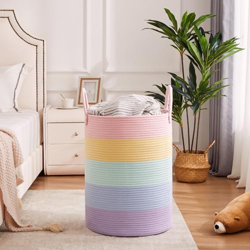 MOJOSCEND 80L Extra Large Rainbow Laundry Hamper for Baby Girls Clothes Tall Woven Laundry Basket for Kids Nursery Toy in Playroom Blanket Basket for Living Room Bedroom 16"D x 22"H Pastel Unicorn - Image 4