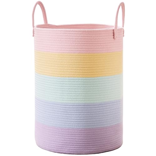 MOJOSCEND 80L Extra Large Rainbow Laundry Hamper for Baby Girls Clothes Tall Woven Laundry Basket for Kids Nursery Toy in Playroom Blanket Basket for Living Room Bedroom 16"D x 22"H Pastel Unicorn - Image 1