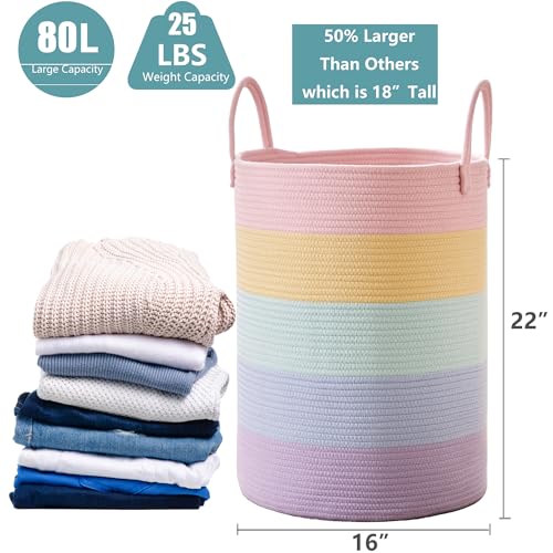 MOJOSCEND 80L Extra Large Rainbow Laundry Hamper for Baby Girls Clothes Tall Woven Laundry Basket for Kids Nursery Toy in Playroom Blanket Basket for Living Room Bedroom 16"D x 22"H Pastel Unicorn - Image 3
