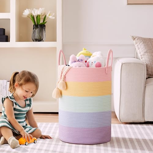 MOJOSCEND 80L Extra Large Rainbow Laundry Hamper for Baby Girls Clothes Tall Woven Laundry Basket for Kids Nursery Toy in Playroom Blanket Basket for Living Room Bedroom 16"D x 22"H Pastel Unicorn - Image 2