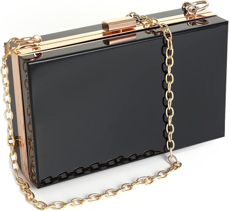 WJCD Women Clear Purse Acrylic Box Clutch Handbag, Small Transparent Crossbody Evening Bag Stadium Approved Gold Chain Strap - Image 1