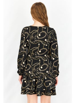 Mohito Women V-Neck Allover Print Long Sleeve Mini Dress, Black Combo  - Image 4