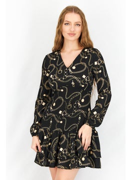 Mohito Women V-Neck Allover Print Long Sleeve Mini Dress, Black Combo  - Image 1