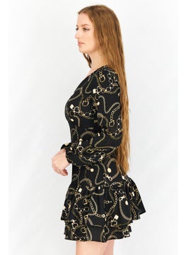 Mohito Women V-Neck Allover Print Long Sleeve Mini Dress, Black Combo  - Image 2