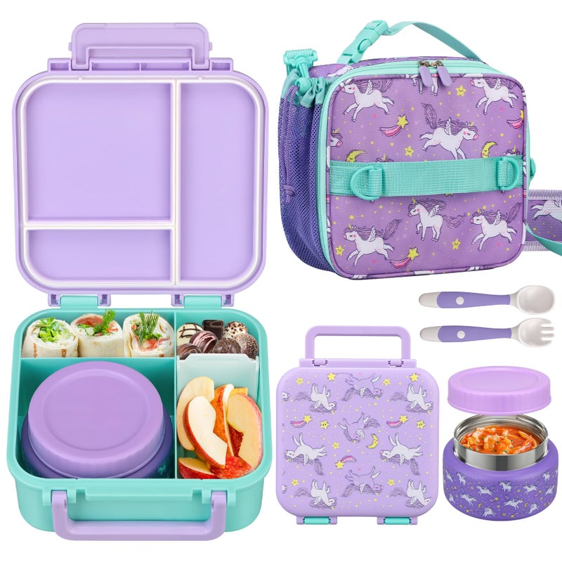 BEAQUEE Kids Lunch Box Set with Bento Box, 9oz Stainless Steel Thermos & Insulated Lunch Bag â€“ Hot & Cold Leakproof Lunch Container with Utensils for School & Travel, Purple Set - Image 1