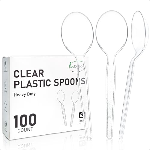 EcoDispose 100 Count Disposable Clear Plastic Spoons Heat Resistant and BPA Free, Heavy Duty Durable Disposable Cutlery for Party Event Supply - Image 1