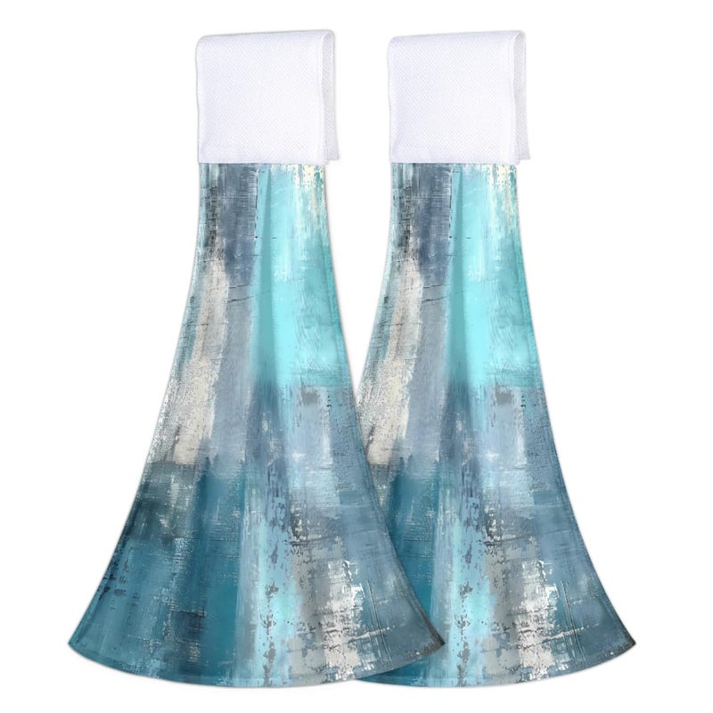Modern Teal Turquoise Hanging Kitchen Towels 2 Pack Dish Cloth Tie Towel Abstract Painting Absorbent Soft Hand Towels with Hanging Loop for Bathroom Farmhouse Bar Tabletop Home Decor