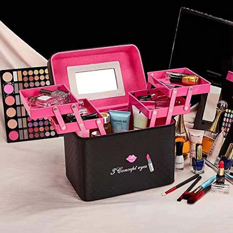 RONTENO Cosmetic Box And Make Up Organizer 2 Sided Open Cosmetic Vanity Box With Only Makeup Box Mirror Without Including Items Black Color Leather Cosmetics Casual - Image 3
