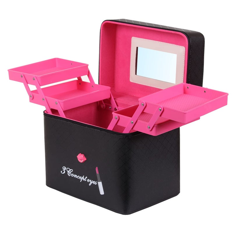 RONTENO Cosmetic Box And Make Up Organizer 2 Sided Open Cosmetic Vanity Box With Only Makeup Box Mirror Without Including Items Black Color Leather Cosmetics Casual - Image 1
