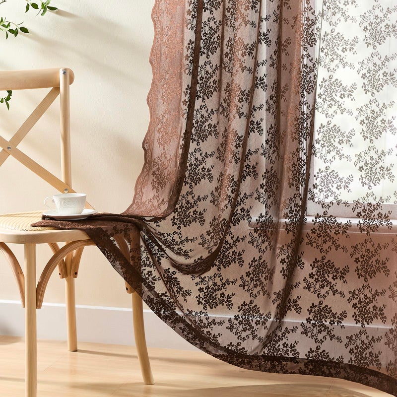 YJ YANJUN Brown Lace Curtains 63 Inch Length â€“ Rustic Farmhouse Sheer Panels, Vintage Floral Curtains for Bedroom Living Room Bay Window, Light-Filtering Rod Pocket W52 X L63 Set of 2 Espresso - Image 4