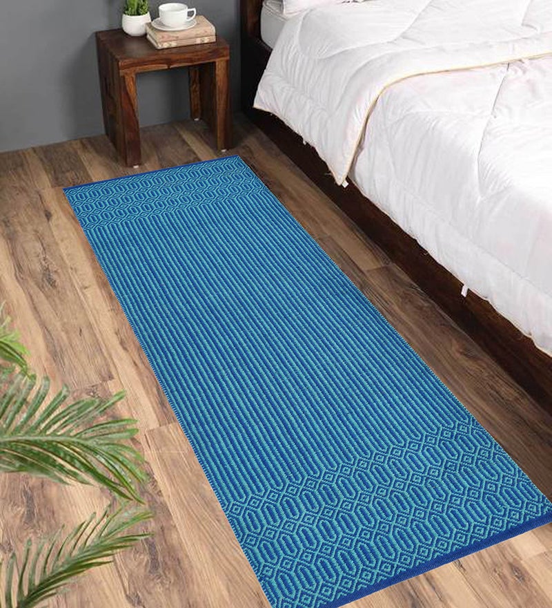 MDZ - Modern Decorative Zone - Hand Woven Cotton Designer Rug Runner for Bedroom, Living Room/Yoga Mat for Gym, Flooring Exercise, Size - 2 x 6 Feet | 100% Cotton | Eco Friendly (Ocean Blue) - Image 1
