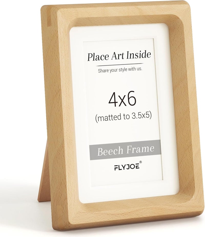 FLYJOE 4x6 Picture Frame, USA-Sourced Natural Beech Wood Photo Frame with Tempered Glass, Handcrafted Rounded Corner 4 x 6 Wooden Frame Matted to 3.5x5 Photos, Wall or Tabletop Display - Image 1