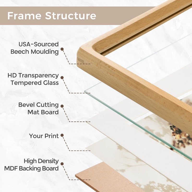 FLYJOE 4x6 Picture Frame, USA-Sourced Natural Beech Wood Photo Frame with Tempered Glass, Handcrafted Rounded Corner 4 x 6 Wooden Frame Matted to 3.5x5 Photos, Wall or Tabletop Display - Image 4