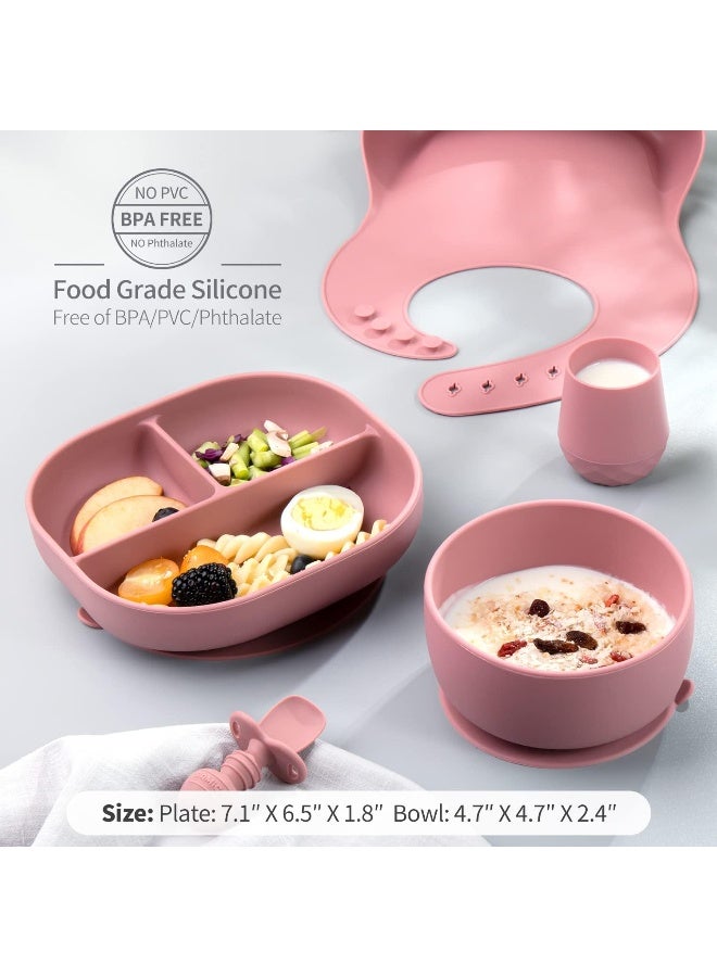 SAMiGO Silicone Baby Feeding Set, Baby Led Weaning Supplies, Suction Bowl Plate Bib Cup Self Feeding Spoons, Solid Food Eating Essentials, First Stage Utensils, 6+ Months - Image 4