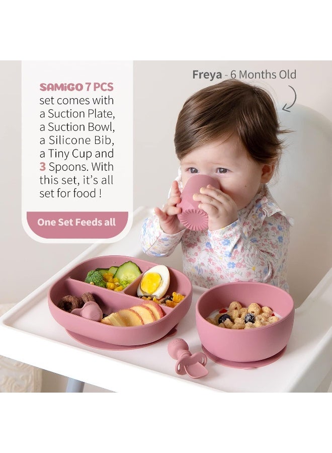 SAMiGO Silicone Baby Feeding Set, Baby Led Weaning Supplies, Suction Bowl Plate Bib Cup Self Feeding Spoons, Solid Food Eating Essentials, First Stage Utensils, 6+ Months - Image 2