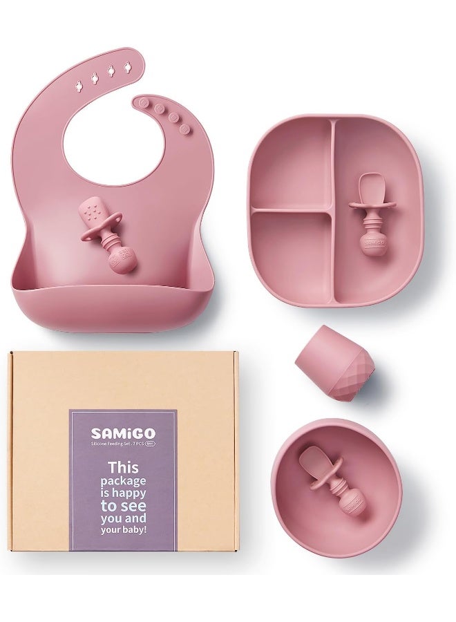 SAMiGO Silicone Baby Feeding Set, Baby Led Weaning Supplies, Suction Bowl Plate Bib Cup Self Feeding Spoons, Solid Food Eating Essentials, First Stage Utensils, 6+ Months - Image 1
