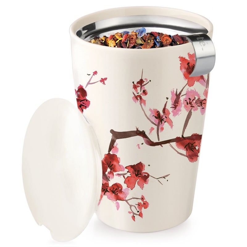 Tea Forte كوب شاي تي فورت شجرة الكرز مزدوج الجدران من السيراميك مع سلة مصفاة من الفولاذ المقاوم للصدأ وقاعدة قابلة للإزالة، ينقع 12 أونصة من شاي الأوراق السائبة، قاعدة وكوب آمن في غسالة الصحون والميكروويف - Image 3
