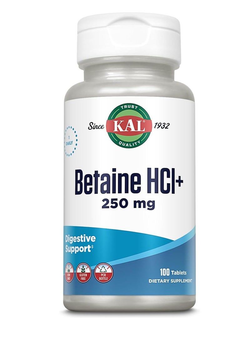 KAL Betaine HCL Digestive Health Supplement with 250mg 100 Ct.