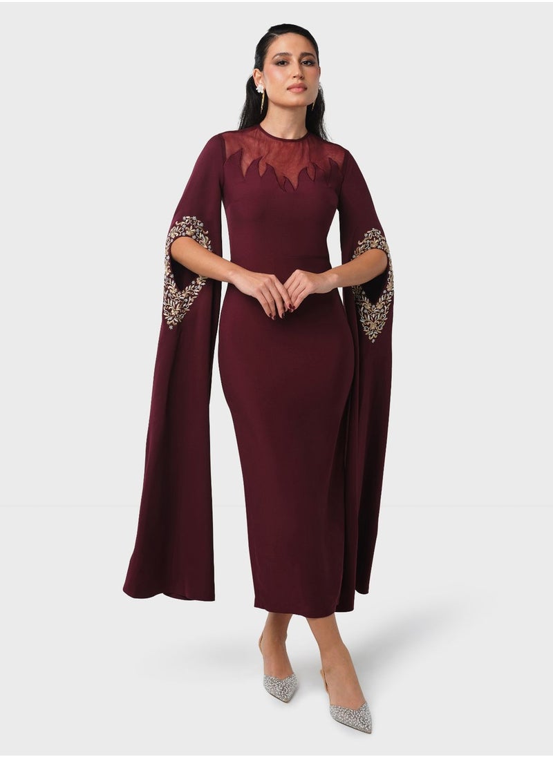 Threadz by Ajooni - Embroidered Cape Sleeve Dress - Image 1
