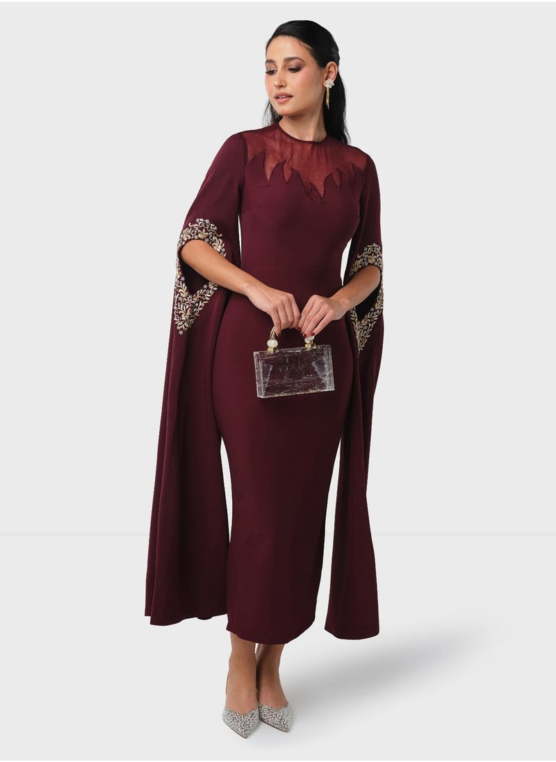 Threadz by Ajooni - Embroidered Cape Sleeve Dress - Image 1
