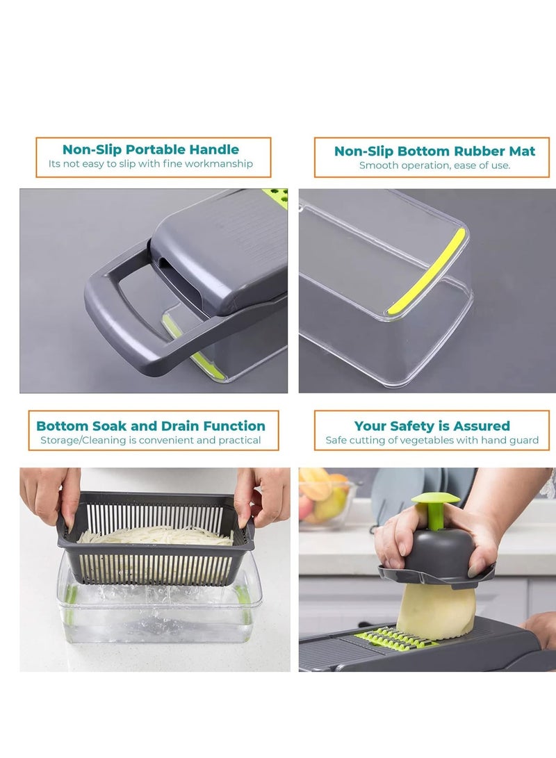 ELTRAZONE مفرمة الخضار - متعددة الوظائف 15 في 1، قاطع الفواكه مانولين، مفرمة الطعام مع شفرات قابلة للتبديل، سلة مصفاة، حاوية للسلطة، البطاطس، الجزر، الثوم (15 في 1، أسود) - Image 4