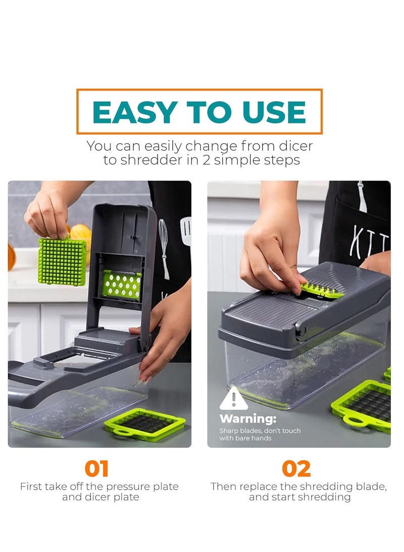 ELTRAZONE مفرمة الخضار - متعددة الوظائف 15 في 1، قاطع الفواكه مانولين، مفرمة الطعام مع شفرات قابلة للتبديل، سلة مصفاة، حاوية للسلطة، البطاطس، الجزر، الثوم (15 في 1، أسود) - Image 3