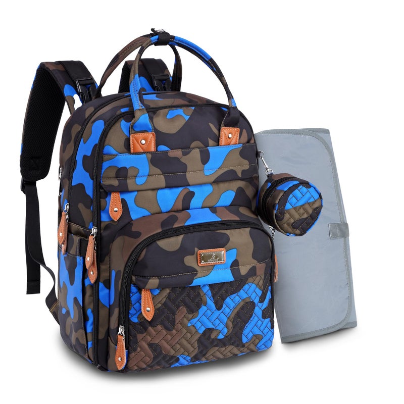 BabbleRoo Diaper Bag Backpack Baby Essentials Travel Tote Multi function Waterproof Diaper Bag Travel Essentials Baby Bag with Changing Pad Stroller Straps Pacifier Case Unisex Blue Camo