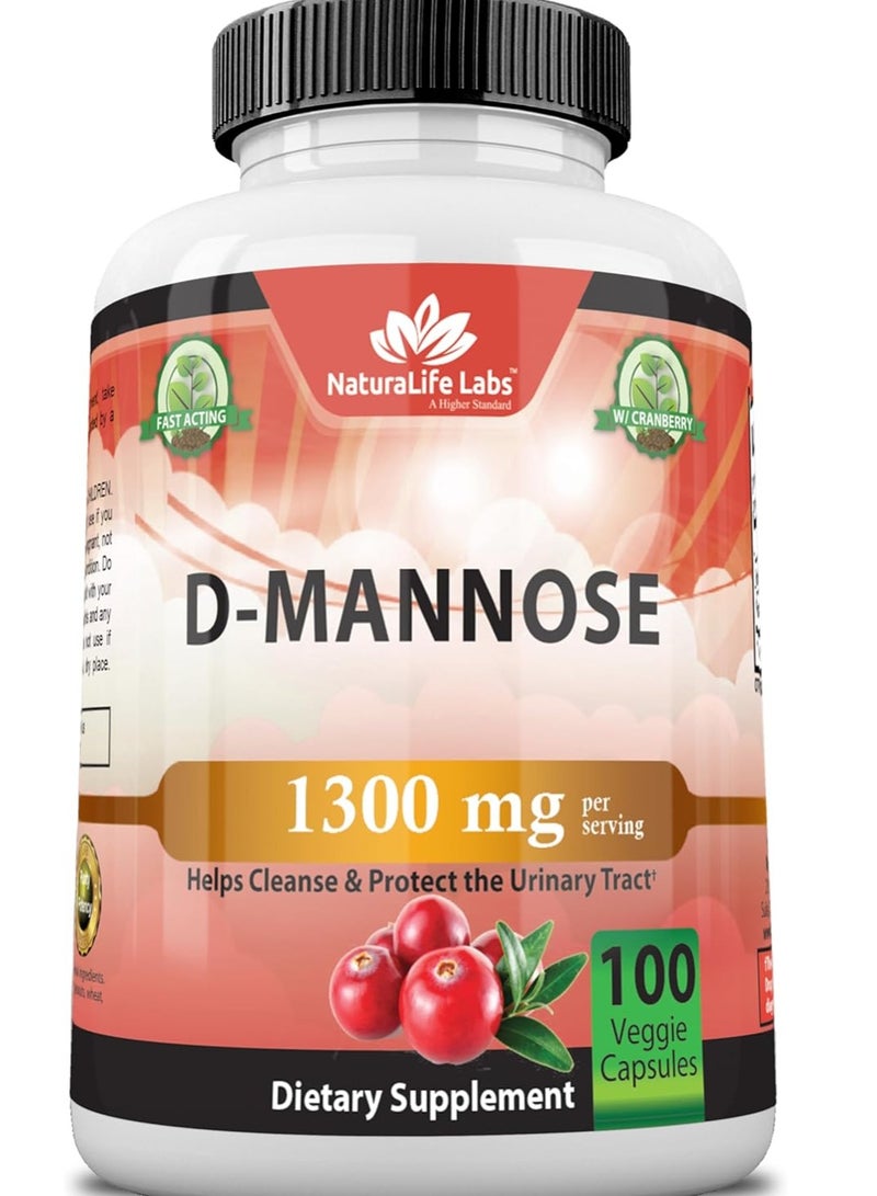 NaturaLife Labs D-Mannose 1,300 mg with Cranberry Extract Urinary Tract Health 100 Veggie Capsules 100 Caps 50 Servings - Image 1