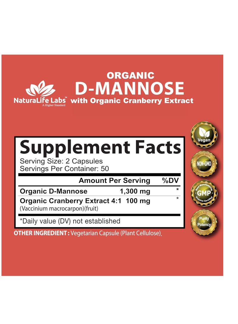 NaturaLife Labs D-Mannose 1,300 mg with Cranberry Extract Urinary Tract Health 100 Veggie Capsules 100 Caps 50 Servings - Image 2