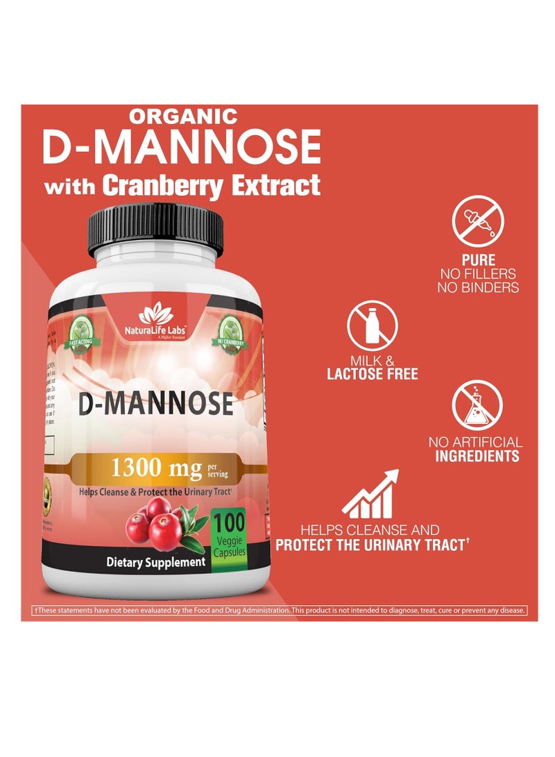 NaturaLife Labs D-Mannose 1,300 mg with Cranberry Extract Urinary Tract Health 100 Veggie Capsules 100 Caps 50 Servings - Image 3