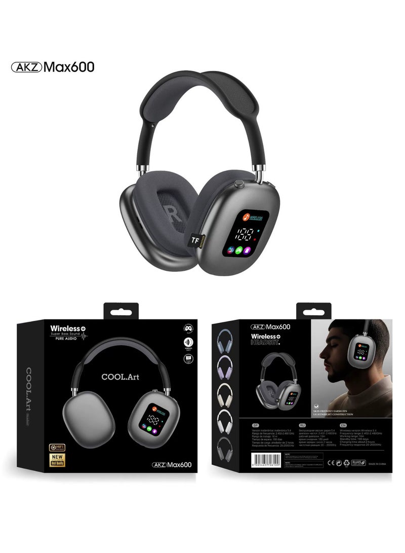 AKZ MAX600 New Wireless Headset Bluetooth Earphones with RGB Digital Display Screen Earphones and Card Reading Earphones Black - Image 4