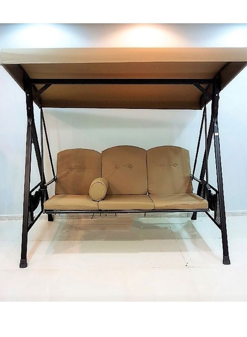 Generic 3-Seater Swing Patio with Weather Resistant Steel Frame, Adjustable Tilt Canopy, Cushions and Pillow Included, Beige - Image 3