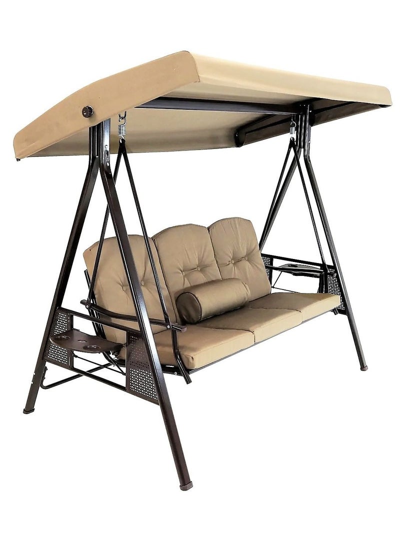 Generic 3-Seater Swing Patio with Weather Resistant Steel Frame, Adjustable Tilt Canopy, Cushions and Pillow Included, Beige - Image 2