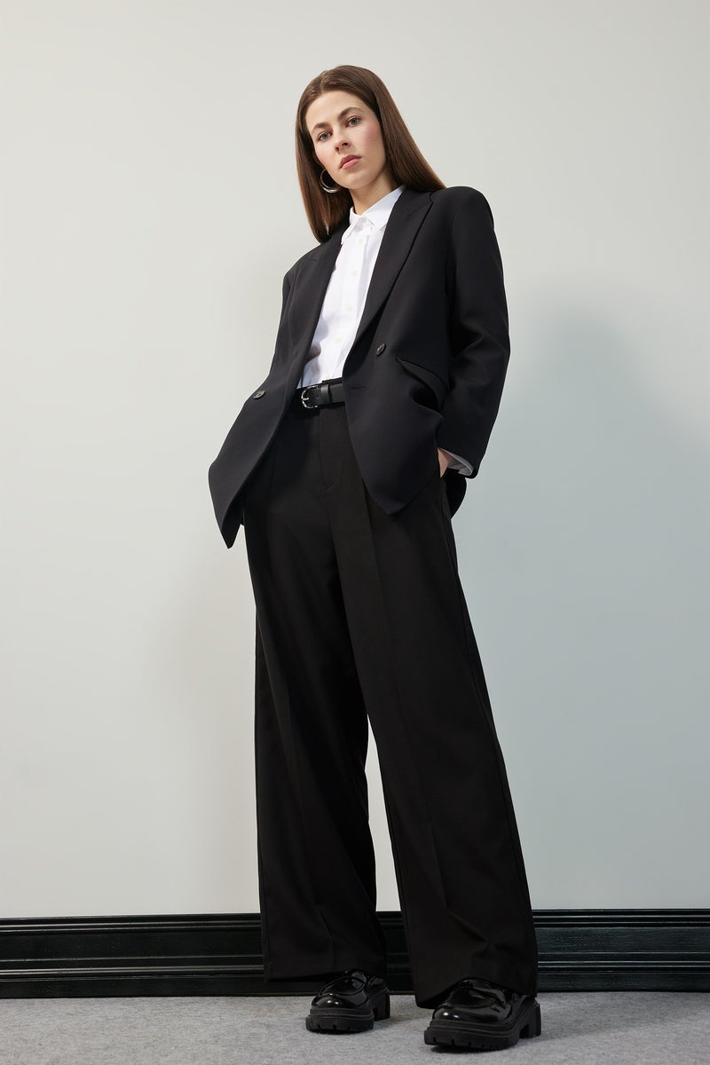 DeFacto Woman Wide Leg Pocketed High Waist Basic Classic Black Trousers - Image 1