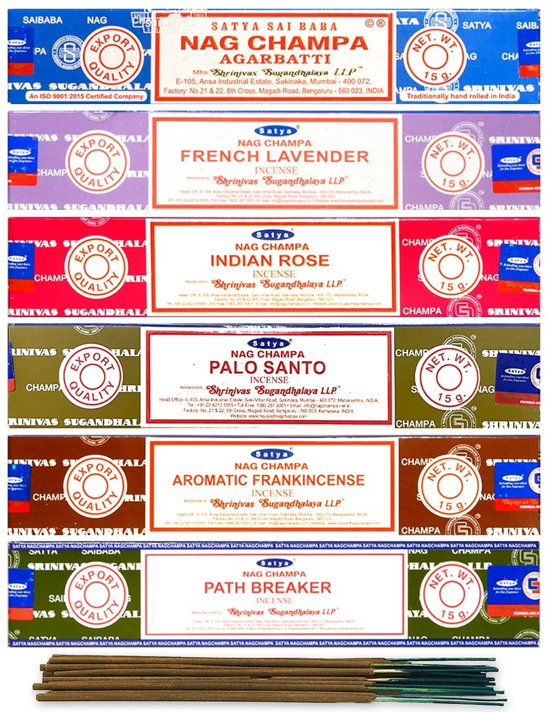 Satya Organic Incense Sticks Gift Set of 6 Pack  Nag ChampaIndian RoseFrench LavenderAromatic Frankincense Palo SantoPath Breaker Natural Incense Sticks 15 Grams x 6 Pack Blue
