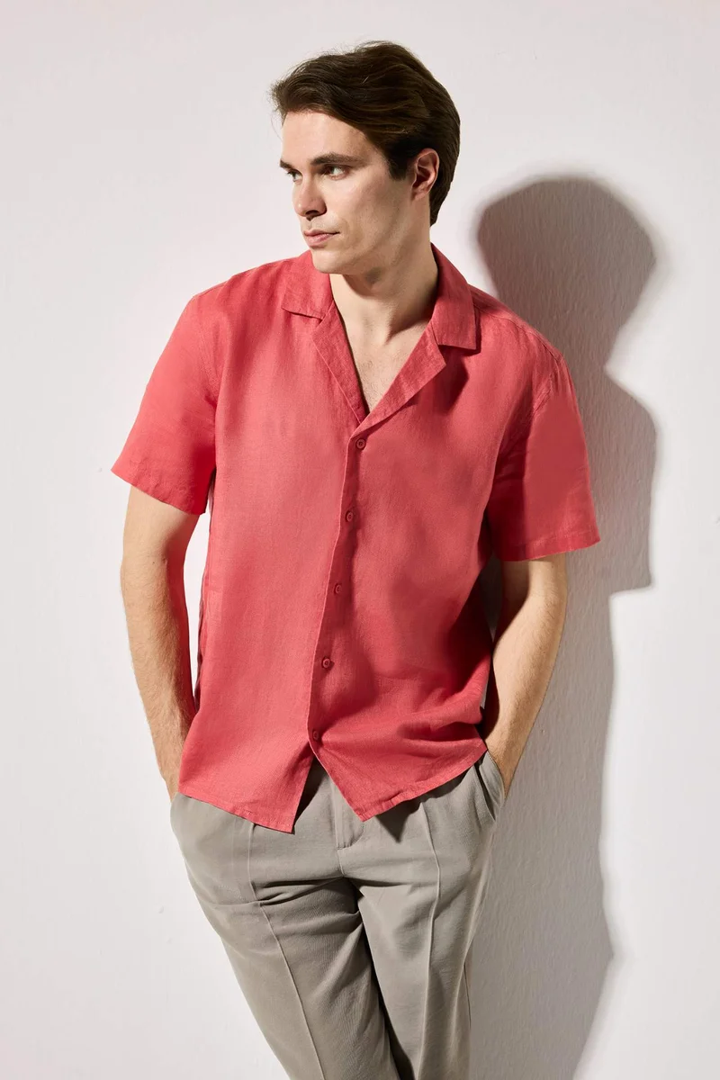 ديفاكتو Regular Fit Resort Neck Linen Short Sleeve Shirt