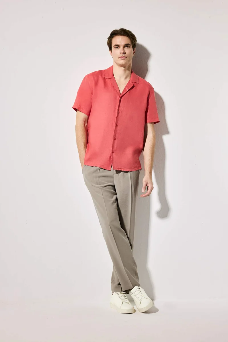 ديفاكتو Regular Fit Resort Neck Linen Short Sleeve Shirt