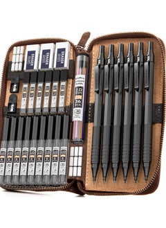 Nicpro 30Pcs Black Metal Mechanical Pencil Set In Leather Case Art Drafting Pencil 0.5 0.7 0.9 Mm 2Mm Lead Pencil Holders For Sketching Drawing With 16 Tube (6B 4B 2B Hb 2H 4H Colors)Lead Refills  - Image 1