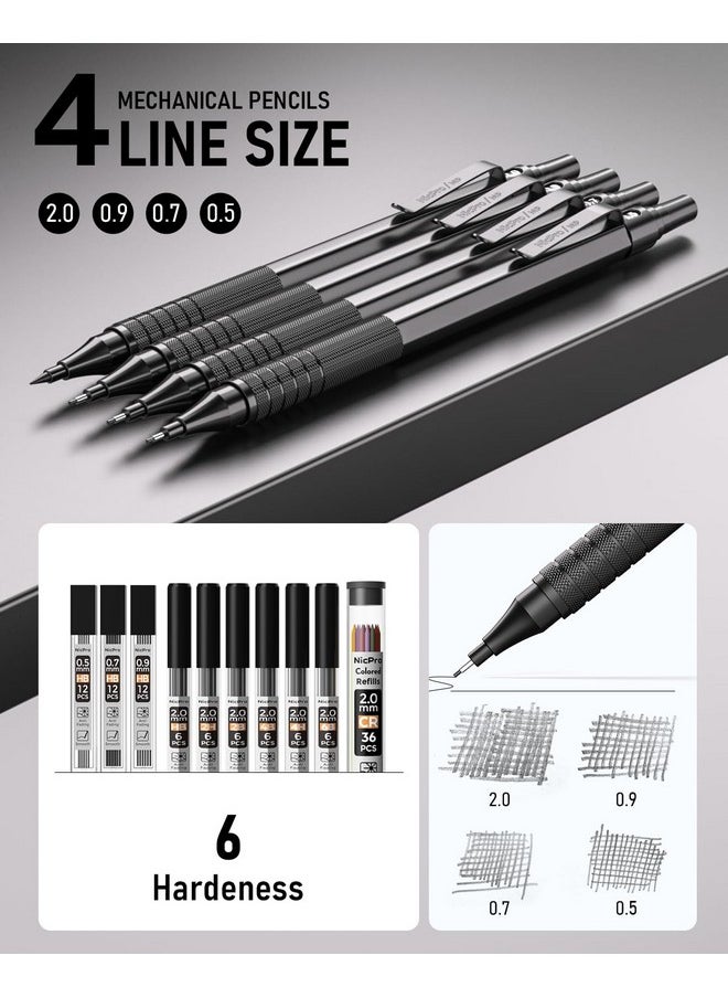 Nicpro 30Pcs Black Metal Mechanical Pencil Set In Leather Case Art Drafting Pencil 0.5 0.7 0.9 Mm 2Mm Lead Pencil Holders For Sketching Drawing With 16 Tube (6B 4B 2B Hb 2H 4H Colors)Lead Refills  - Image 2