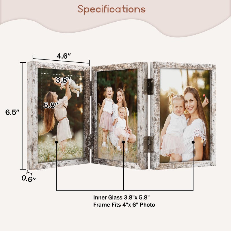 Space Art Deco 4x6 Triple Hinged Frames, 3 Folding Picture Frame, Triptych Photo Frame, Stand Vertically on Desktop or Tabletop, Distressed White - Image 2