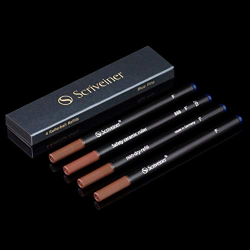 Scriveiner Rollerball Refill Blue Fine - 4 Rollerball Refills Designed for Scriveiner Pens - Safety Ceramic Non Dry Roller Pen Refill F - Schmidt 888 Size – Made in Germany - Image 1