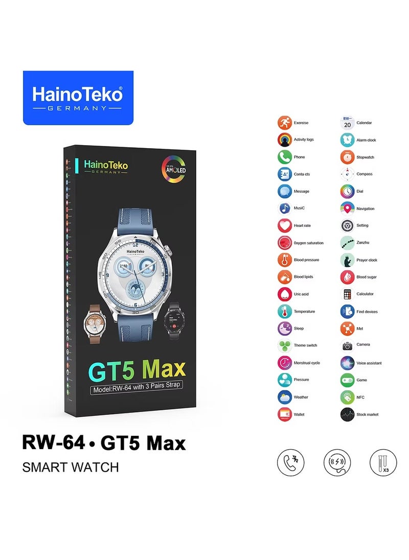 Haino Teko - RW-64 GT5 Max Smartwatch with Large AMOLED Display, Voice Assistant, 3 Pair Straps for Men – Stylish, Multifunctional Wearable, Perfect for Fitness Tracking, Health Monitoring, and Daily Use - Image 1
