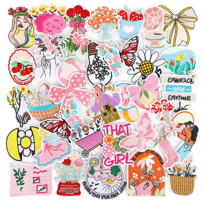 NICEVINYL Girly Iron on Patches for Clothes: 36PCS Flower Butterfly Embroidery Patch Applique for Backpacks Jackets Bags Hats - Aesthetic Decorative Repair Patches for DIY Crafts - Image 1