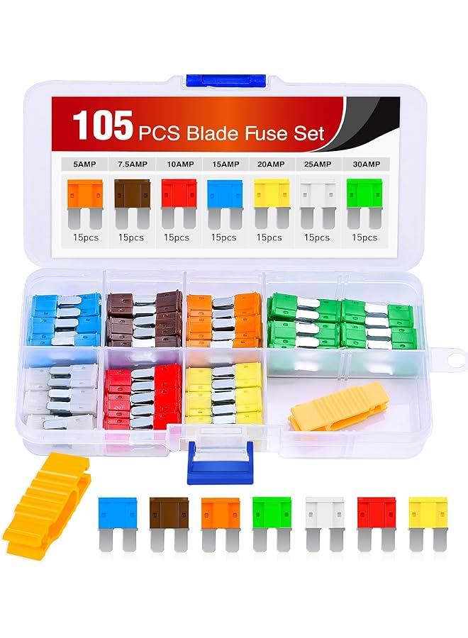 PROMASS promass 105PCS Micro2 Fuse ATR APT Car Blade Fuses Assortment Kit Micro 2 Car Fuses Replacement 5A 7.5A 10A 15A 20A 25A 30A Automotive Fuse with Fuse Puller for Cars Trucks SUVs RVs, 2 Years Warranty  - Image 1