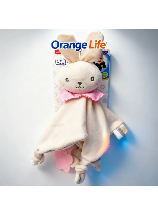 Orange Life Baby Bunny Plush Comforter with Silicone Teether, Soft Washable Security Blanket and Sensory Soothing Toy for Infants 3 Months+, Beige and Pink - Image 1