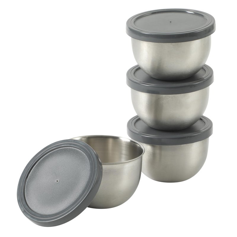 Oster Kempsville 4-Piece Stainless Steel Mini Bowls with Gray Lids - 3 Inch Prep and Storage Containers, Snack and Dipping Bowls - Image 1