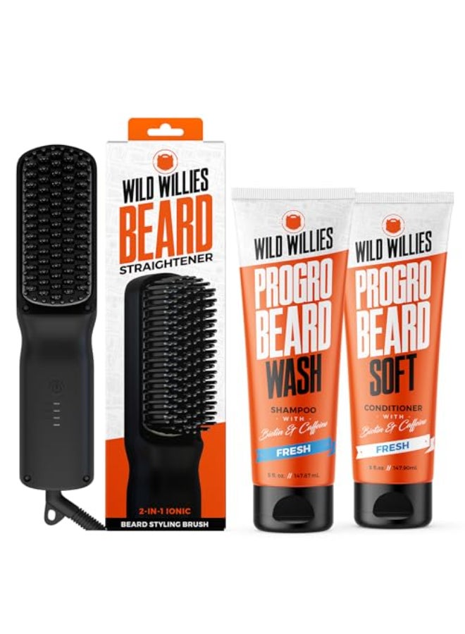 Wild Willies Beard Grooming Kit Beard Straightener for Men PROGRO Fortified with Biotin Caffeine for Hair Growth Wash Hydration Ionic 2in1 Heated Comb Brush Made in USA - Image 1